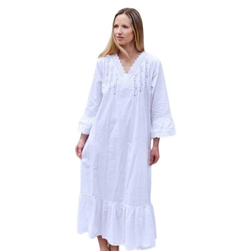 Powell Craft Eloise V Neck Nightdress White with Purple Embroidery SN123 on model outside