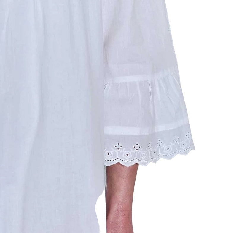 Powell Craft Eloise V Neck Nightdress White with Purple Embroidery SN123 on model sleeve detail