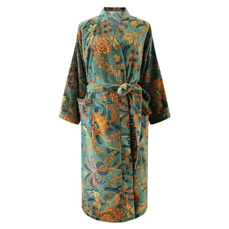 Powell Craft Green Velvet Floral Dressing Gown VDG865 front