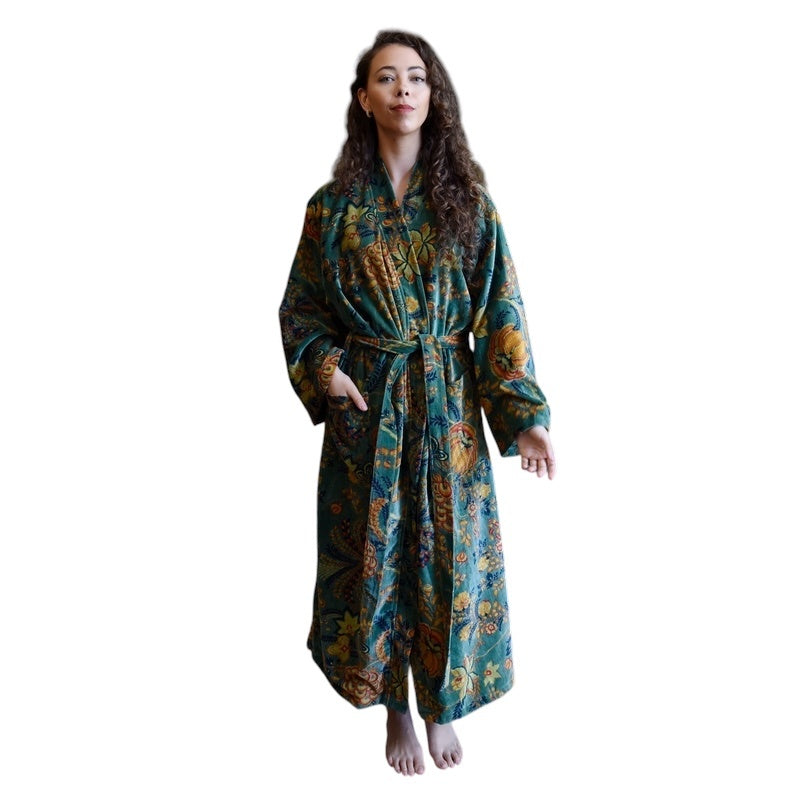 Powell Craft Green Velvet Floral Dressing Gown VDG865 on model 1