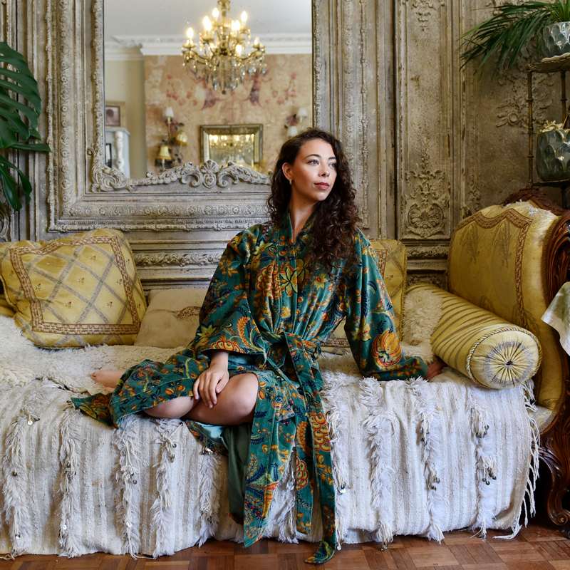 Powell Craft Green Velvet Floral Dressing Gown VDG865 on model lifestyle