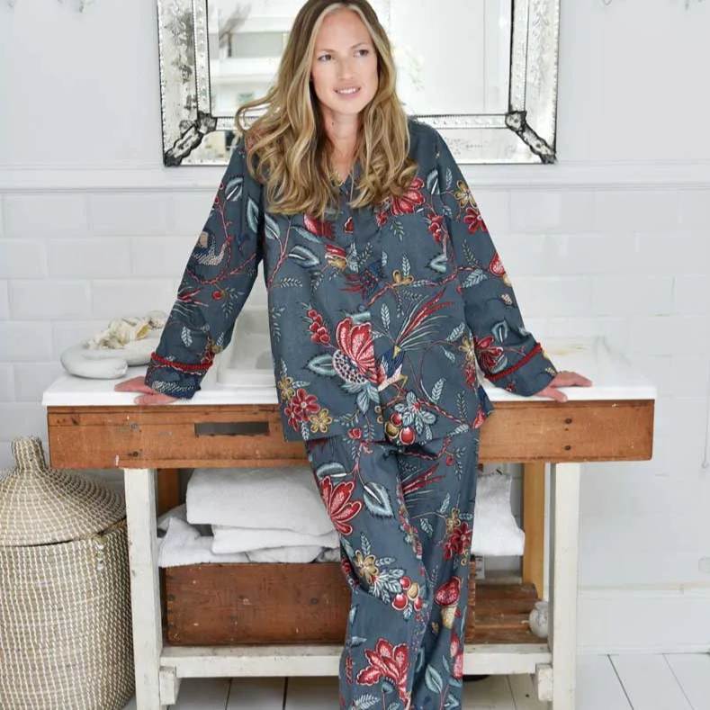 Powell Craft Grey Fruit Bird Ladies Pyjamas SN521 on model 2