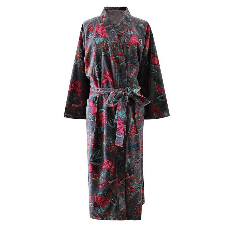 Powell Craft Grey Velvet Fruit Bird Dressing Gown VDG421 front