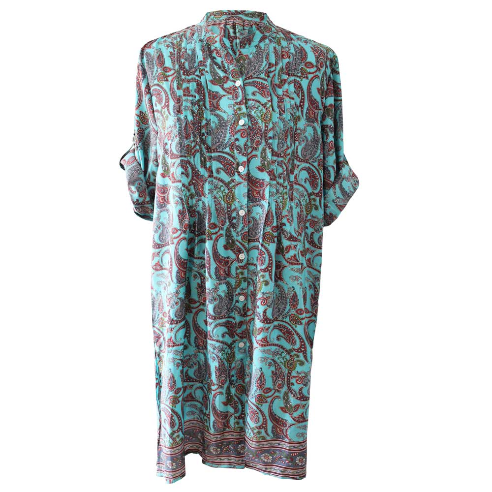 Powell Craft India Pin Tucked Blue Paisley Print Shirt Dress NSDR672 front