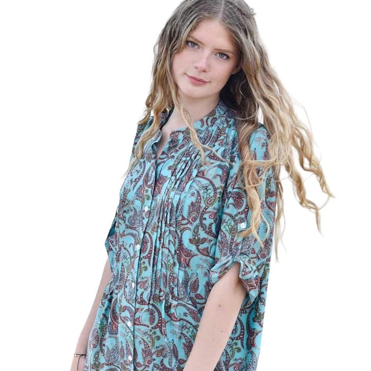 Powell Craft India Pin Tucked Blue Paisley Print Shirt Dress NSDR672 on model close-up