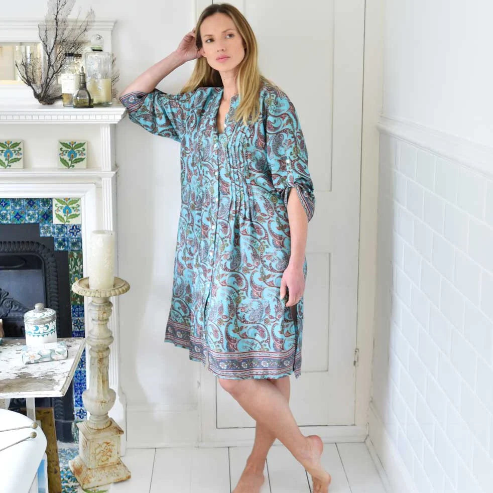Powell Craft India Pin Tucked Blue Paisley Print Shirt Dress NSDR672 on model lifestyle