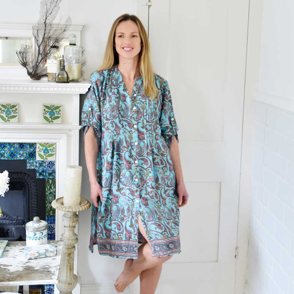 Powell Craft India Pin Tucked Blue Paisley Print Shirt Dress NSDR672 on model lifestyle 2