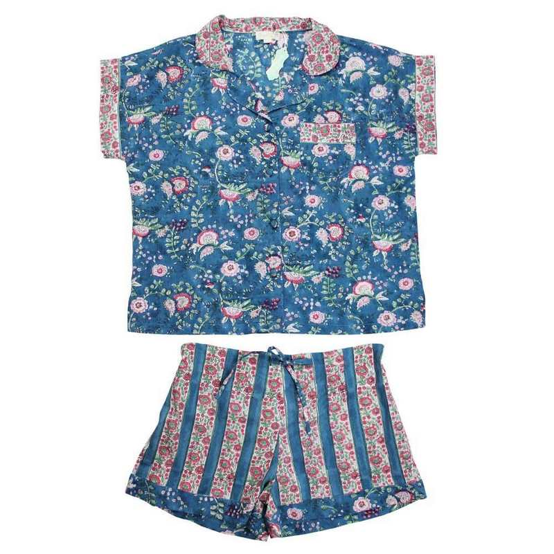 Powell Craft Inky Blue, Pink & Green Mixed Floral & Stripy Short Pyjamas SPJ457 front