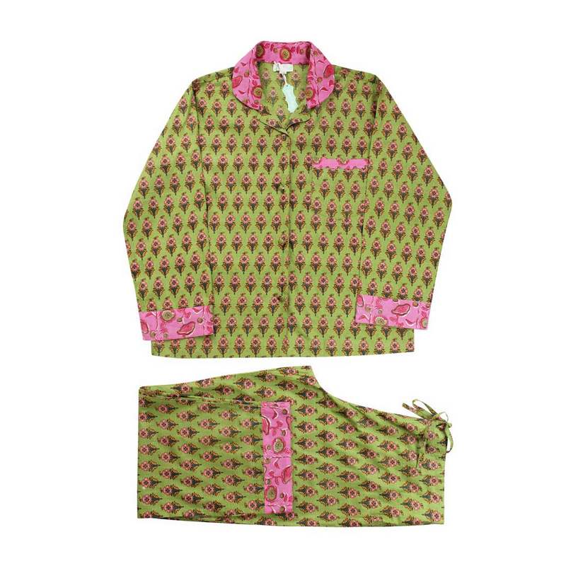 Powell Craft Lime Green Small Block with Pink Trim Pyjamas SN456S front