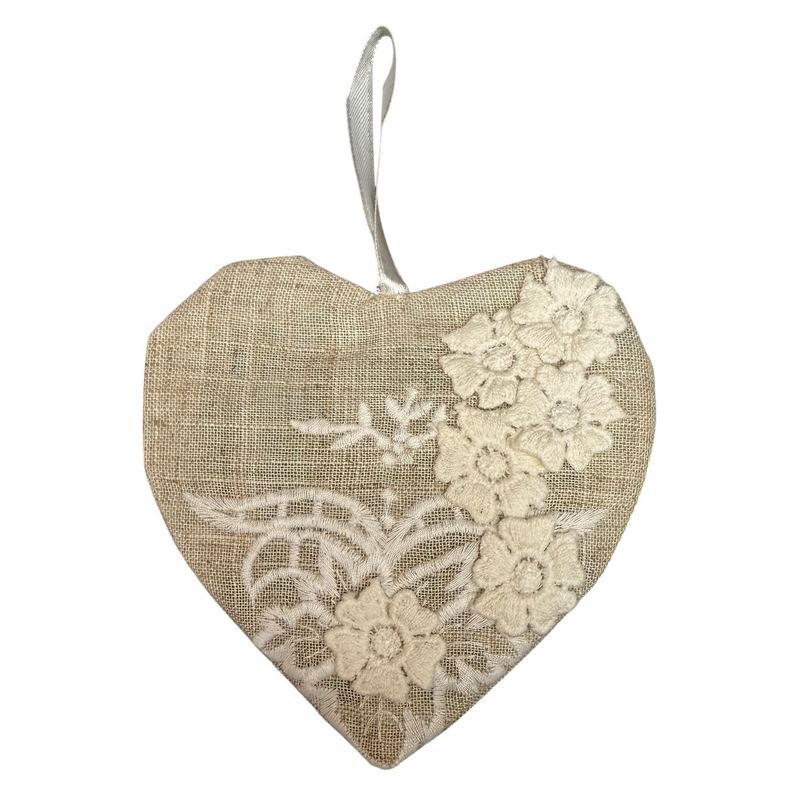Powell Craft Linen Heart Sachet White Floral Embroidery Lavender LS28 front