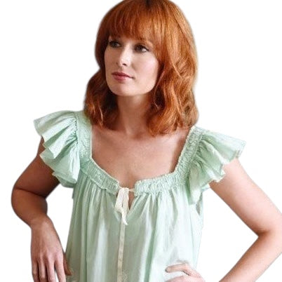 Powell Craft Margo Nightdress Capped Sleeves Pale Green SN207GR on model 2 close-up