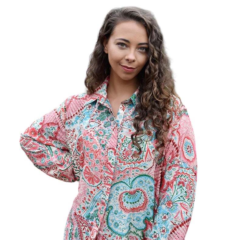 Powell Craft Mila Long Sleeve Shirt Dress Floral One Size NSDQ730 on model close-up