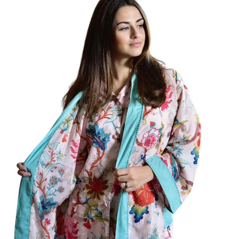 Powell Craft Pink Exotic Flower Ladies Dressing Gown DG17 on model close-up