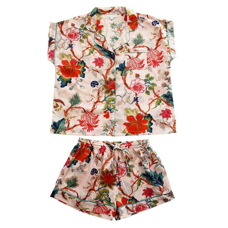 Powell Craft Pink Exotic Flower Ladies Short Pyjamas SPJ17 flat lay