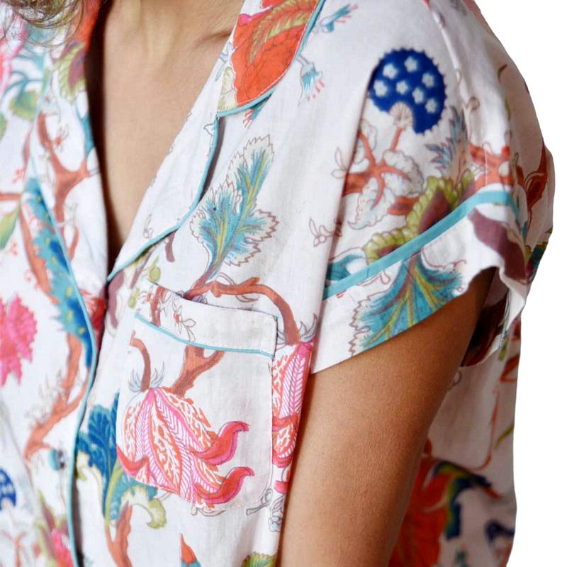 Powell Craft Pink Exotic Flower Ladies Short Pyjamas SPJ17 on model detail