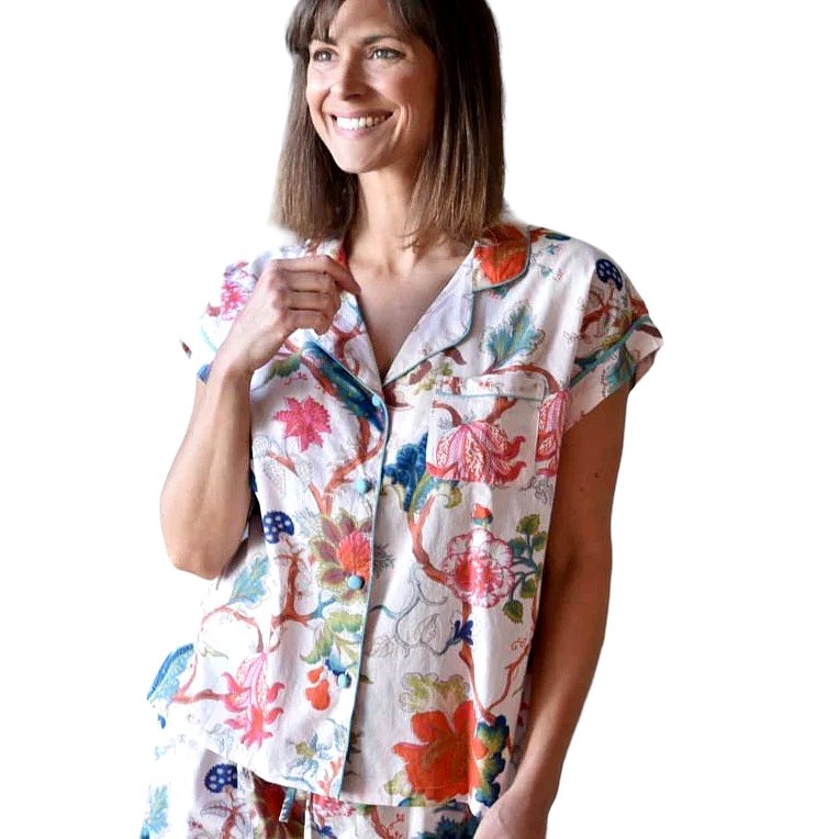 Powell Craft Pink Exotic Flower Ladies Short Pyjamas SPJ17 on model front