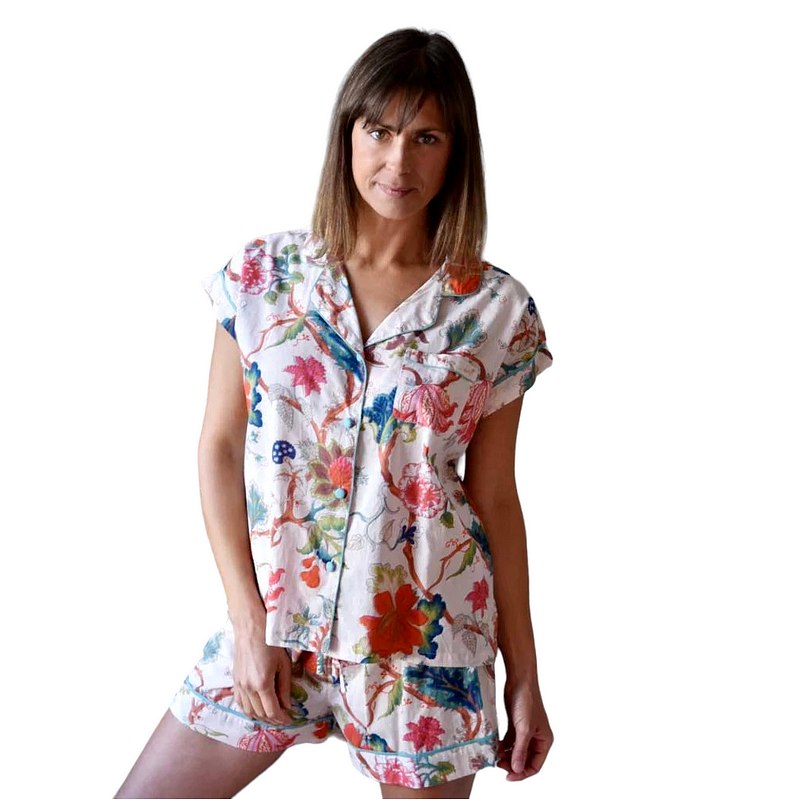 Powell Craft Pink Exotic Flower Ladies Short Pyjamas SPJ17 on model showing shorts