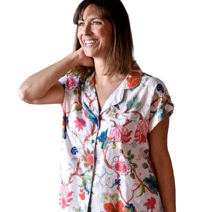 Powell Craft Pink Exotic Flower Ladies Short Pyjamas SPJ17 on model top