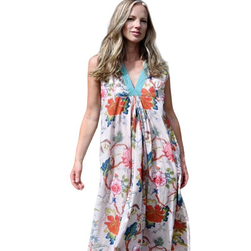 Powell Craft Pink Exotic Flower V-neck Cotton Dress DRB17 on model front