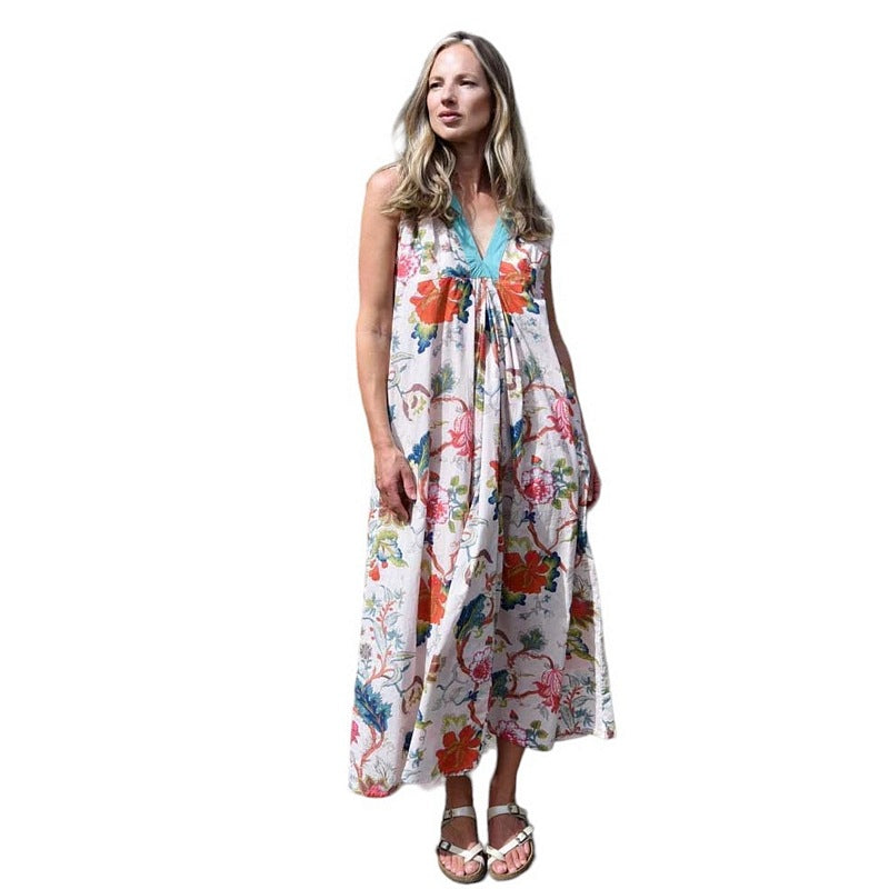 Powell Craft Pink Exotic Flower V-neck Cotton Dress DRB17 on model main