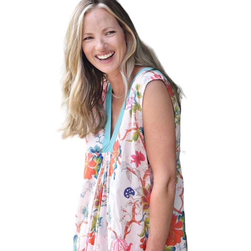 Powell Craft Pink Exotic Flower V-neck Cotton Dress DRB17 on model side