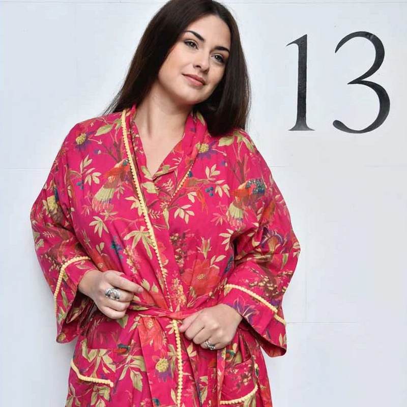 Powell Craft Pink Tropical Bird & Pomegranate Dressing Gown DG452 model