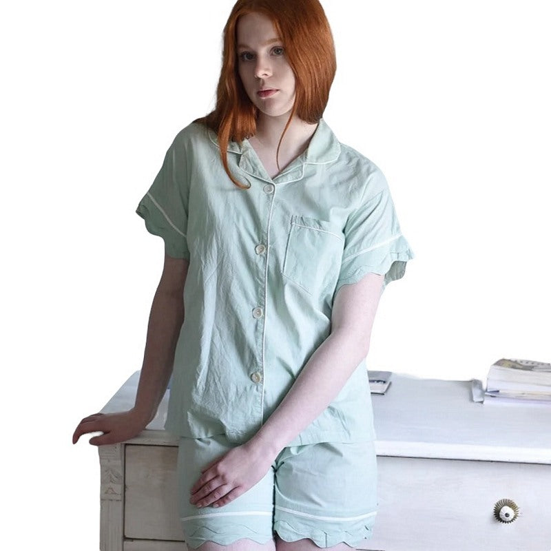 Powell Craft Scalloped Edge Ladies Short Pyjamas Green SN169GR on model front