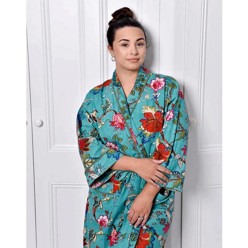 Powell Craft Teal Exotic Bird Dressing Gown DG415 on model