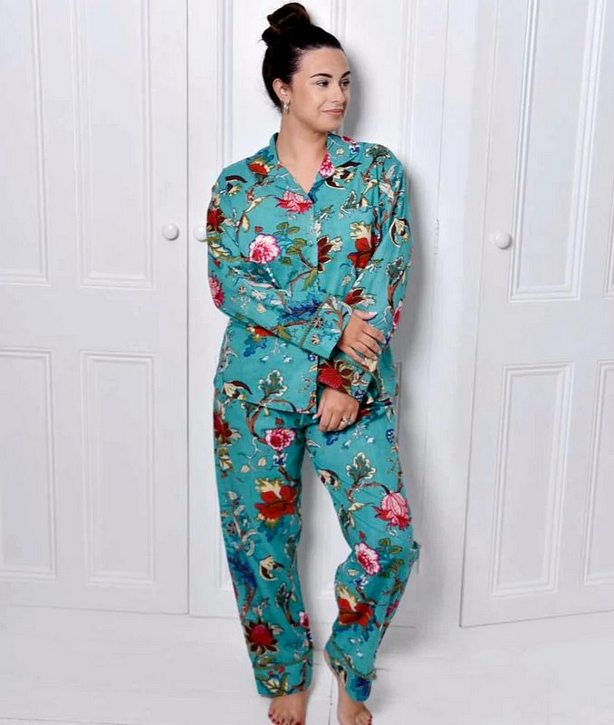 Powell Craft Teal Exotic Bird Ladies Pyjamas SN415 on model 1