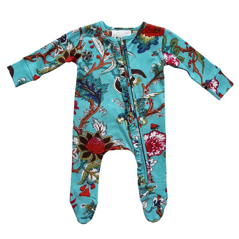 Teal Exotic Flower Baby Jumpsuit With Zip