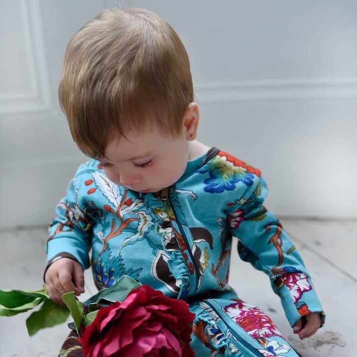 Teal Exotic Flower Baby Jumpsuit With Zip