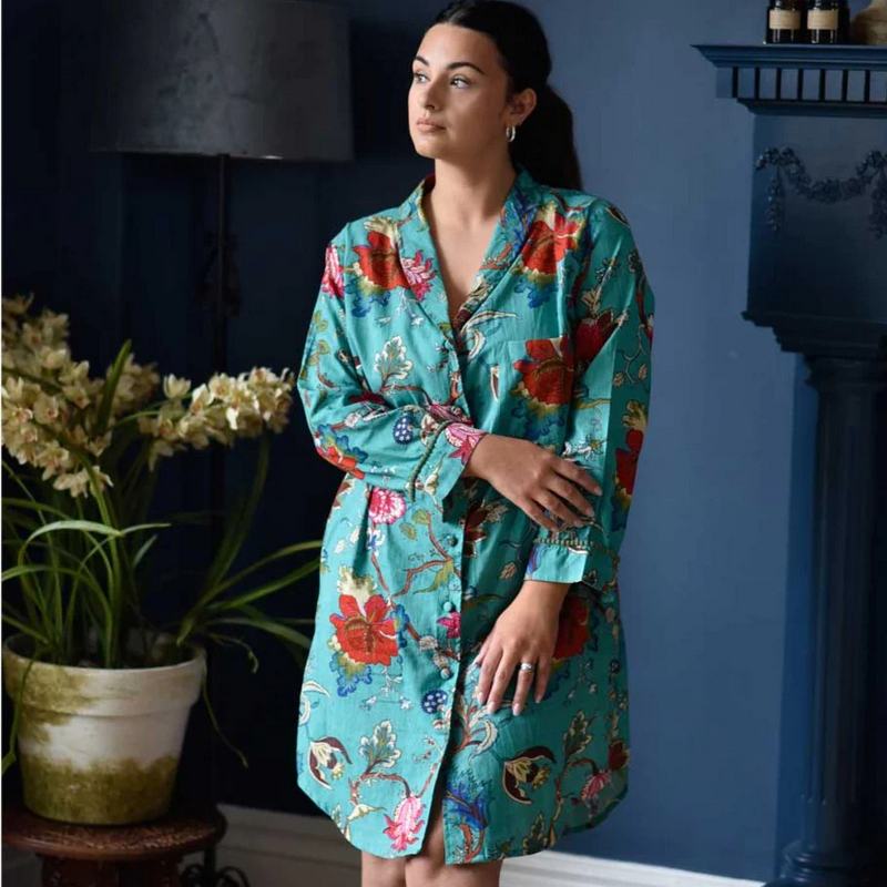 Powell Craft Teal Exotic Flower Ladies Nightshirt NS415 on model 2