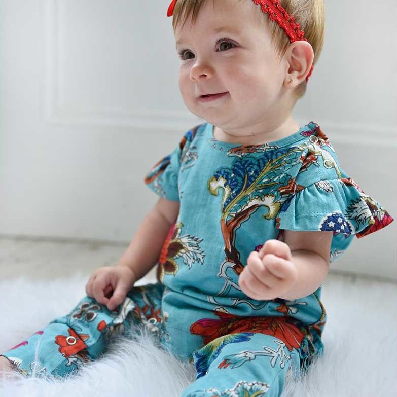 Powell Craft Teal Exotic Flower Short Sleeve Jumpsuit JS8415 model 8