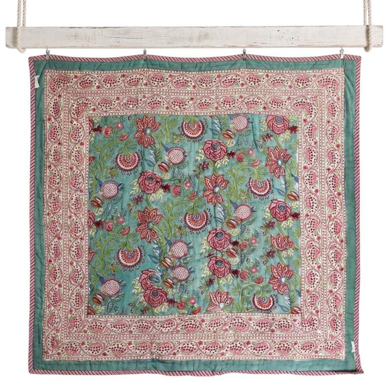 Powell Craft Turquoise Burgundy & White Floral Quilted Throw Q1118 hanging reverse