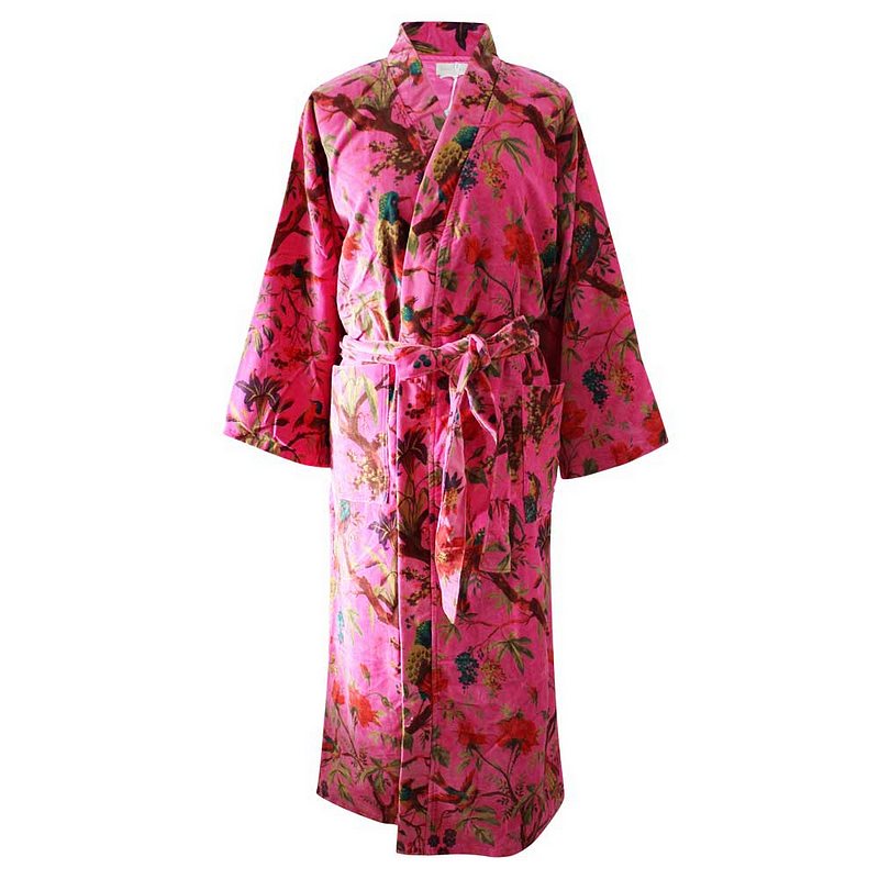 Powell Craft Velvet Hot Pink Bird Satin Lined Dressing Gown VDG20 front