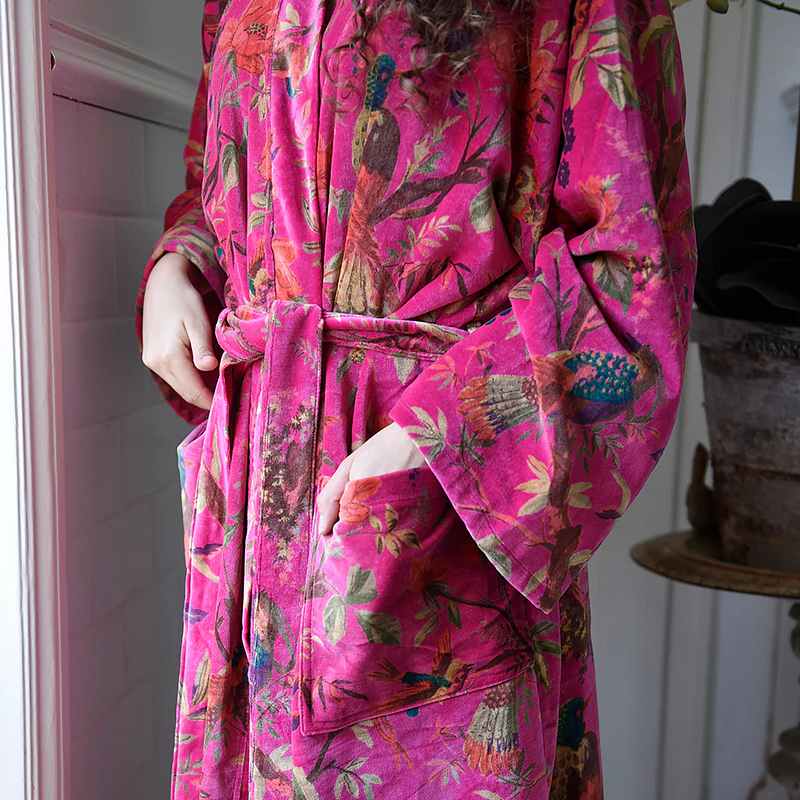 Powell Craft Velvet Hot Pink Bird Satin Lined Dressing Gown VDG20 on model 6