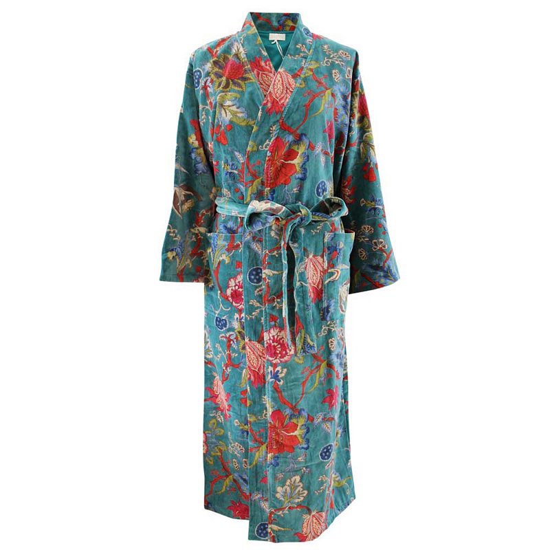 Powell Craft Velvet Teal Exotic Flower Dressing Gown With Satin Lining VDG415 front