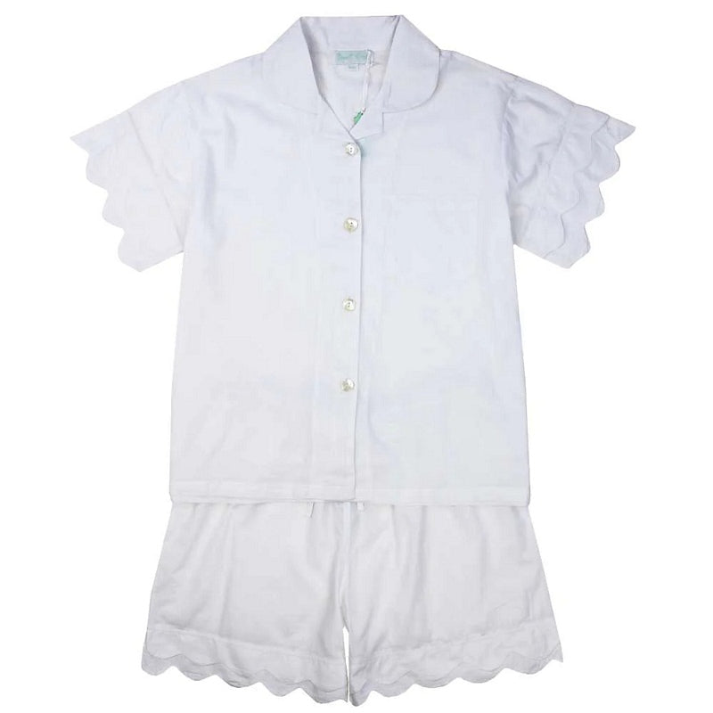 Powell Craft White Scalloped Cotton Short Pyjamas SN169 flat
