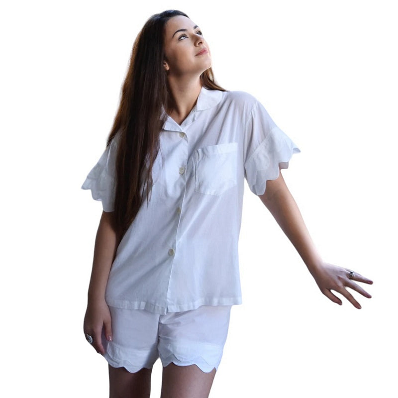 Powell Craft White Scalloped Cotton Short Pyjamas SN169 on model front