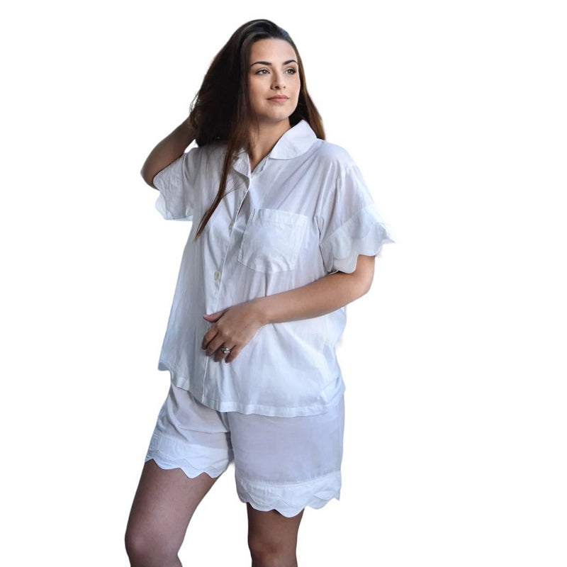 Powell Craft White Scalloped Cotton Short Pyjamas SN169 on model main