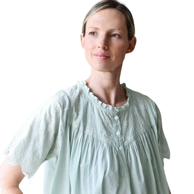 Powell Craft Zoe Embroidered Short Sleeve Nightdress Green SN107GR on model close-up