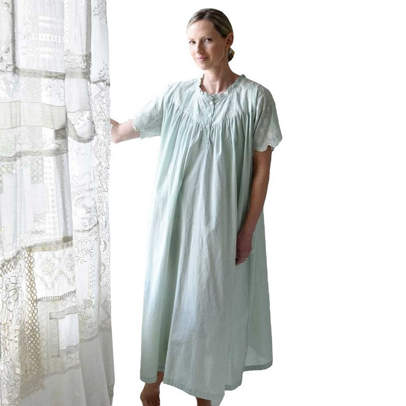 Powell Craft Zoe Embroidered Short Sleeve Nightdress Green SN107GR on model front 1