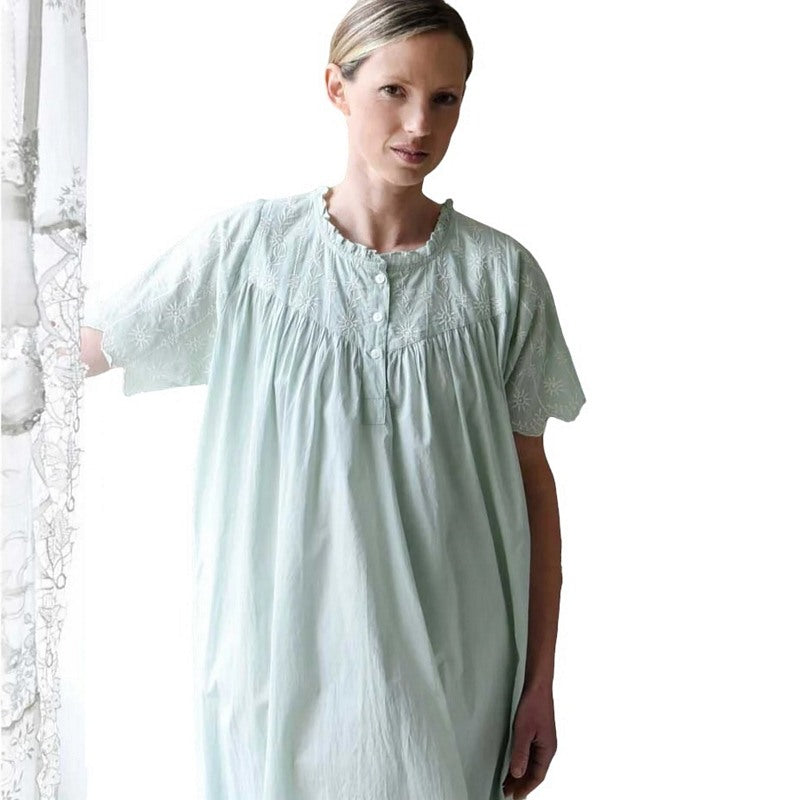 Powell Craft Zoe Embroidered Short Sleeve Nightdress Green SN107GR on model front 2