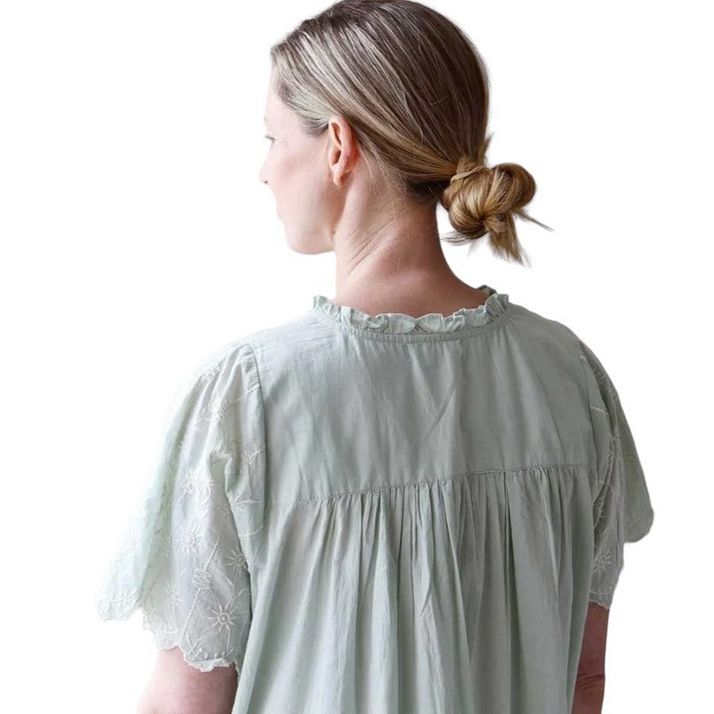 Powell Craft Zoe Embroidered Short Sleeve Nightdress Green SN107GR on model rear collar