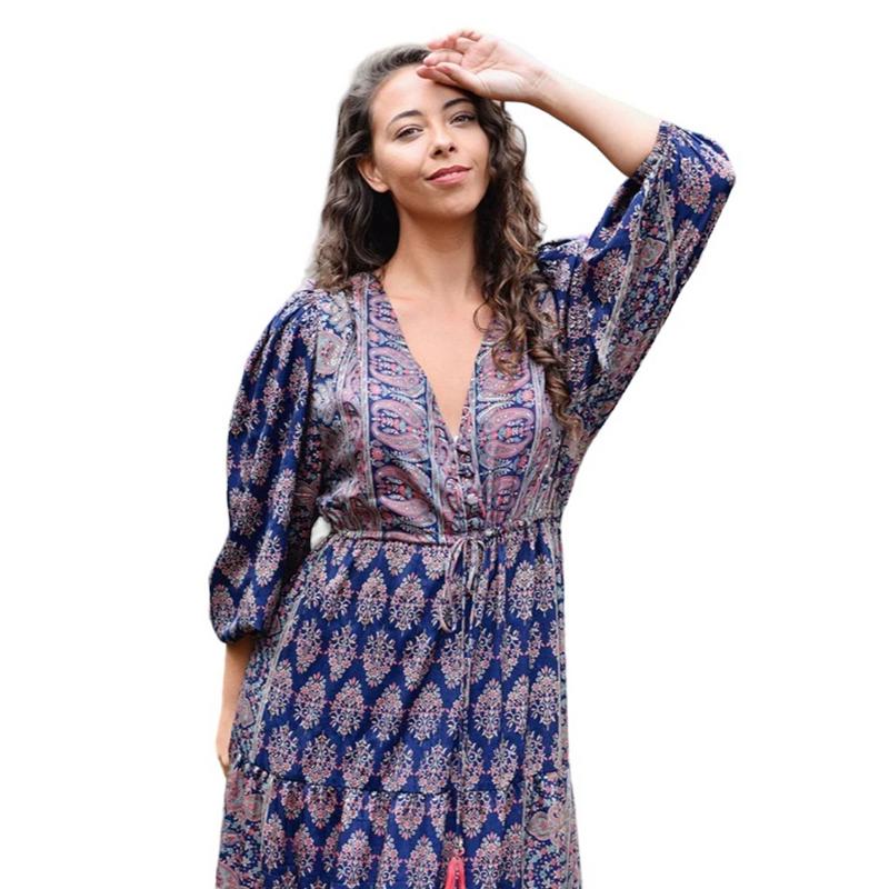 Powell Craft Dahlia Navy Blue Paisley Dress One Size DRV734 on model close-up
