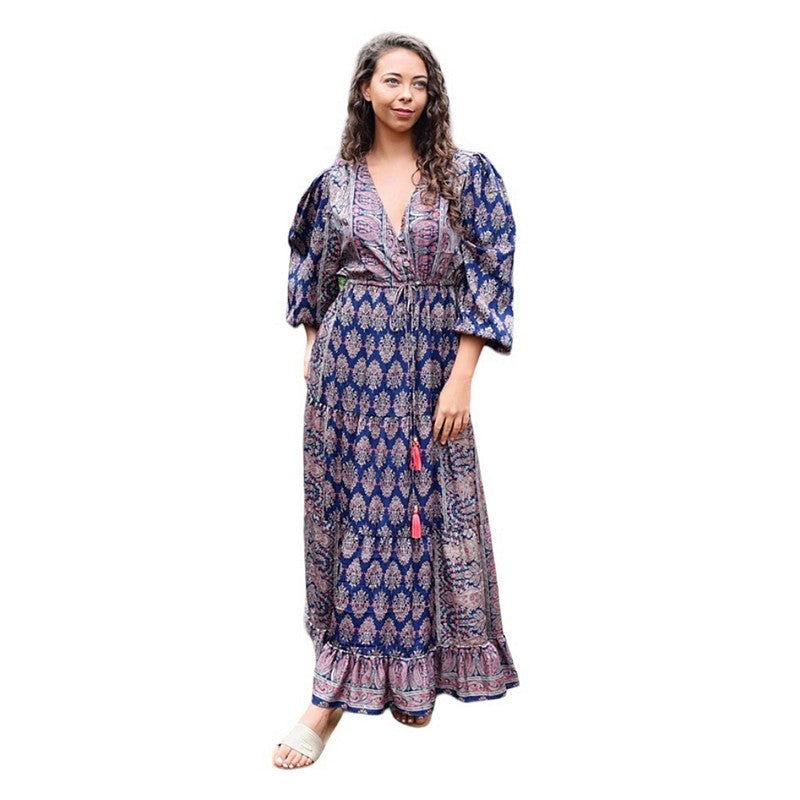 Powell Craft Dahlia Navy Blue Paisley Dress One Size DRV734 on model front