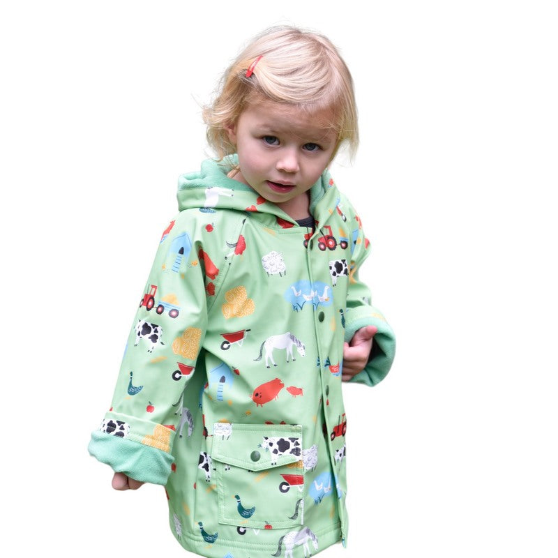 Powell Craft On The Farm Print Rain Coat RMFM on child model side