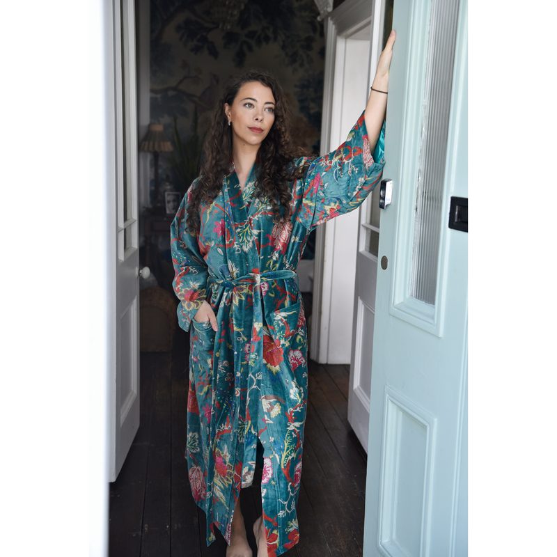 Powell Craft Velvet Teal Exotic Flower Dressing Gown With Satin Lining VDG415 on model standing in doorway
