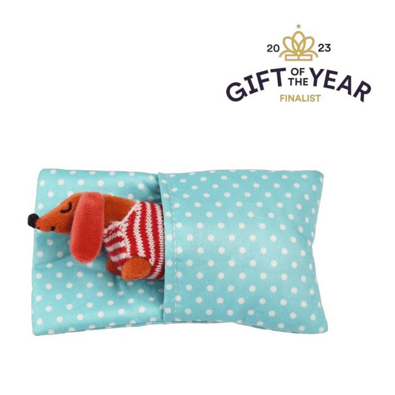 Rex International Mini Sausage Dog in a Little Box 29648 dog in bed