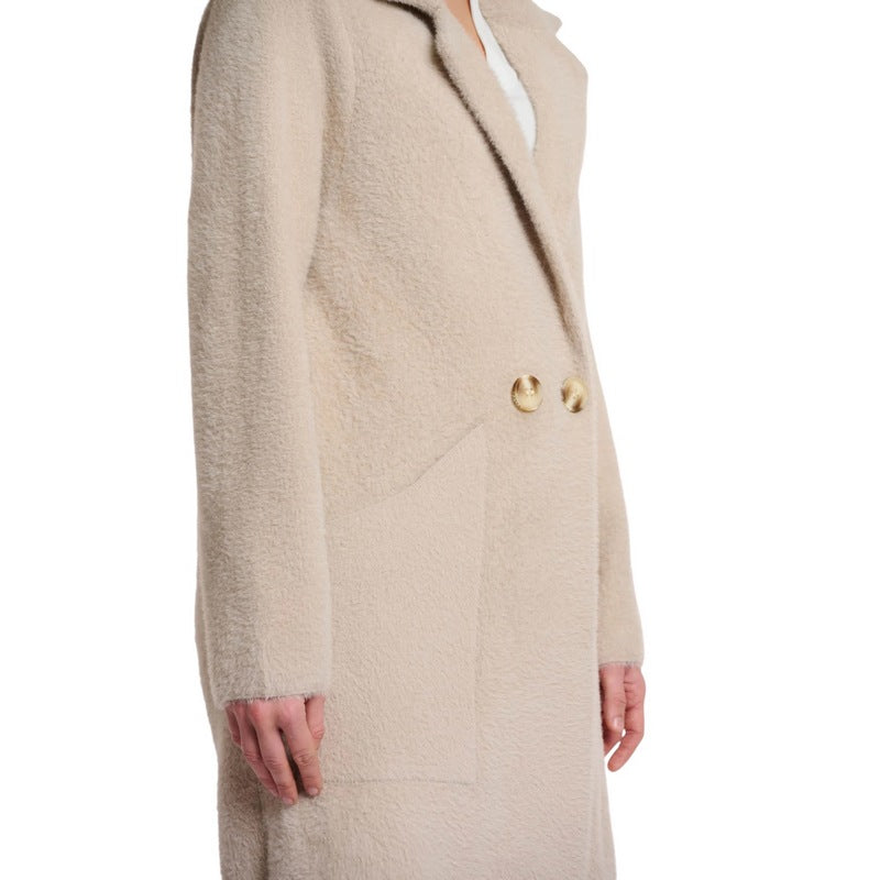 Rino & Pelle Madina Long Double Breasted Cardigan Stone on model detail